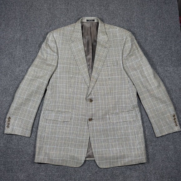 Chaps Mens 100% Silk Light Brown Beige Houndstooth Blazer Sport Jacket Mens 44L - Picture 2 of 10